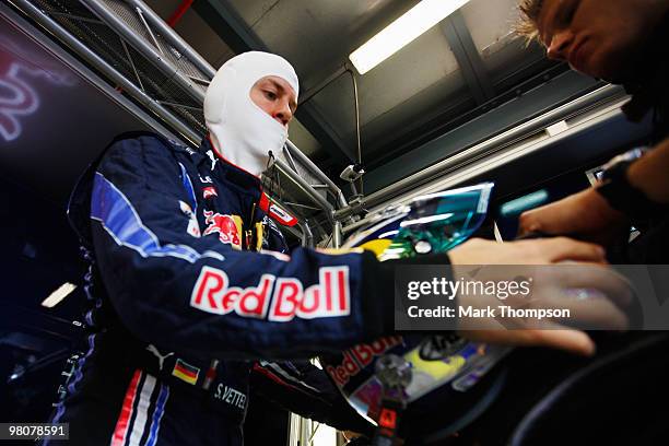 Sebastian Vettel of Germany and Red Bull Racing prepares to drive during the final practice session prior to qualifying for the Australian Formula...