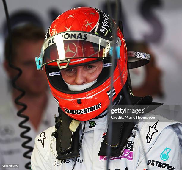 Michael Schumacher of Germany and Mercedes GP prepares to drive during the final practice session prior to qualifying for the Australian Formula One...