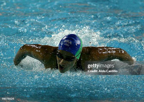 Paula Daynara of Brazil in action during the 100 meter butterfly female category as part of the 2010 Odesur South America Games on March 26, 2010 in...
