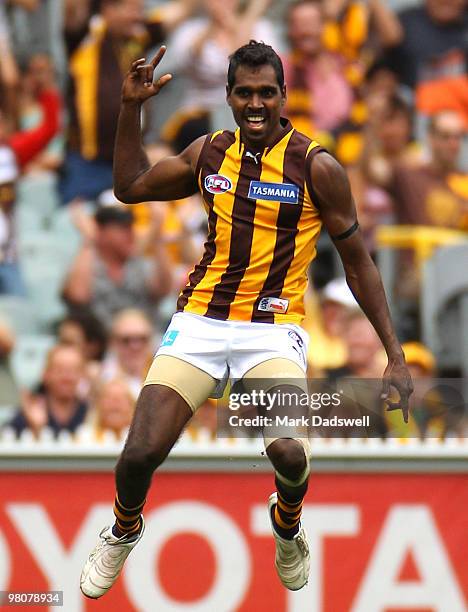 Carl Peterson of the Hawks celebrates a goal during the round one AFL match between the Melbourne Demons and the Hawthorn Hawks at Melbourne Cricket...