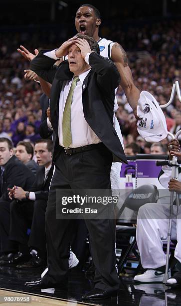 Head coach Tom Izzo of the Michigan State Spartans reacts to a call during the midwest regional semifinal of the 2010 NCAA men's basketball...