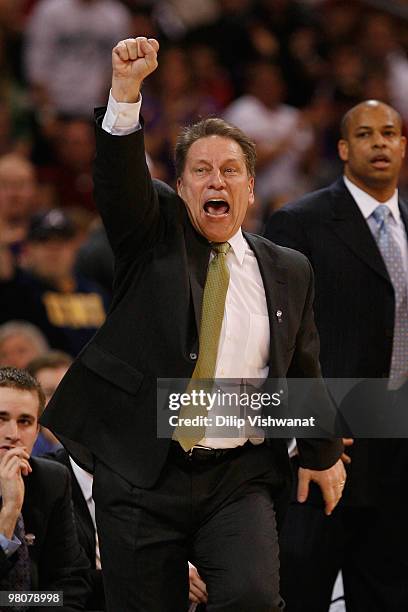 Head coach Tom Izzo of the Michigan State Spartans directs his team against the Northern Iowa Panthers during the midwest regional semifinal of the...