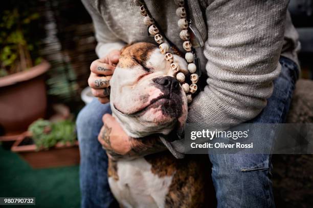 close-up of tattooed man stroking his dog - rebel skull stock pictures, royalty-free photos & images
