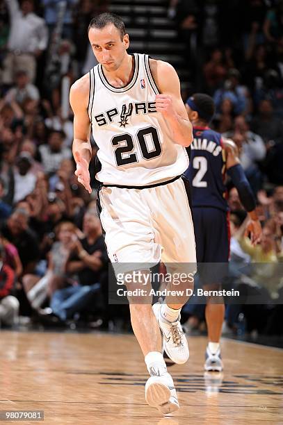 Manu Ginobili of the San Antonio Spurs celebrates against the Cleveland Cavaliers at the AT&T Center on March 26, 2010 in San Antonio, Texas. NOTE TO...