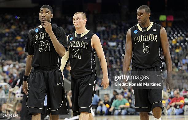 Twaun Moore, D.J. Byrd and Keaton Grant of the Purdue Boilermakers during a 70-57 loss against the Duke Blue Devils during the south regional...