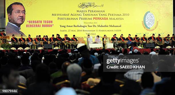 Former Malaysian prime minister Mahathir Mohamad presides over an inaugural session of a new Malay nationalist group Perkasa in Kuala Lumpur on March...