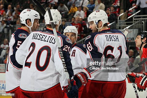 Rick Nash of the Columbus Blue Jackets skates against the New Jersey Devils at the Prudential Center on March 23, 2010 in Newark, New Jersey. The...