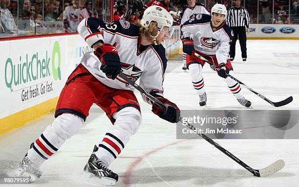 Jakub Voracek of the Columbus Blue Jackets skates against the New Jersey Devils at the Prudential Center on March 23, 2010 in Newark, New Jersey. The...