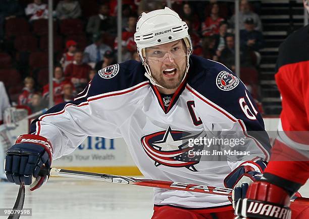 Rick Nash of the Columbus Blue Jackets skates against the New Jersey Devils at the Prudential Center on March 23, 2010 in Newark, New Jersey. The...