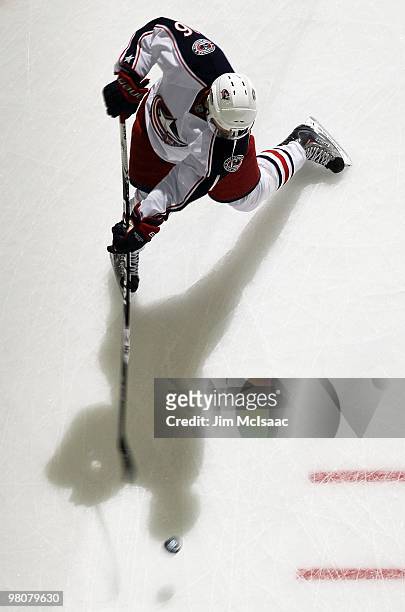Derick Brassard of the Columbus Blue Jackets warms up before playing against the New Jersey Devils at the Prudential Center on March 23, 2010 in...