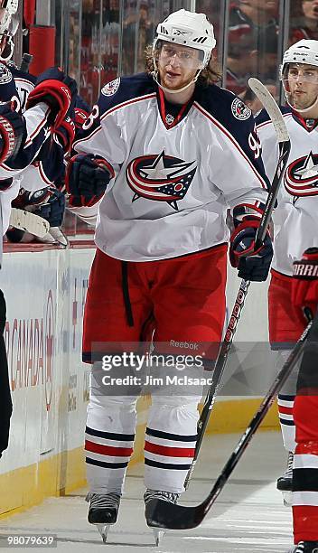 Jakub Voracek of the Columbus Blue Jackets skates against the New Jersey Devils at the Prudential Center on March 23, 2010 in Newark, New Jersey. The...