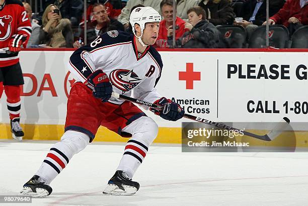 Umberger of the Columbus Blue Jackets skates against the New Jersey Devils at the Prudential Center on March 23, 2010 in Newark, New Jersey. The...