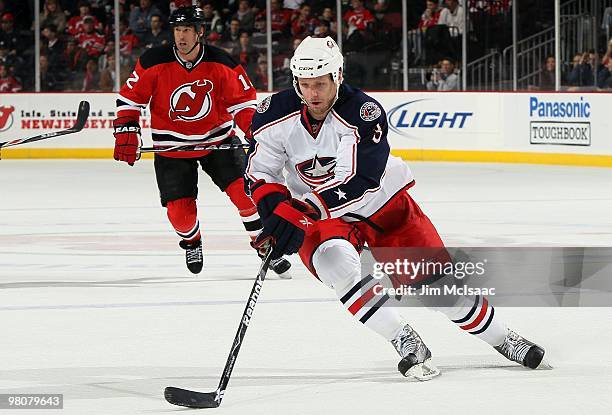 Marc Methot of the Columbus Blue Jackets skates against the New Jersey Devils at the Prudential Center on March 23, 2010 in Newark, New Jersey. The...