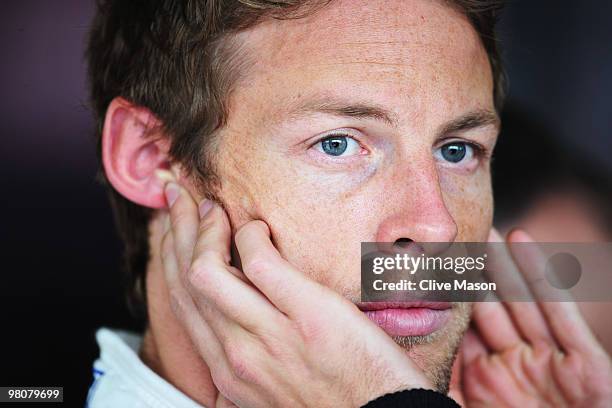 Jenson Button of Great Britain and McLaren Mercedes prepares to drive during the final practice session prior to qualifying for the Australian...