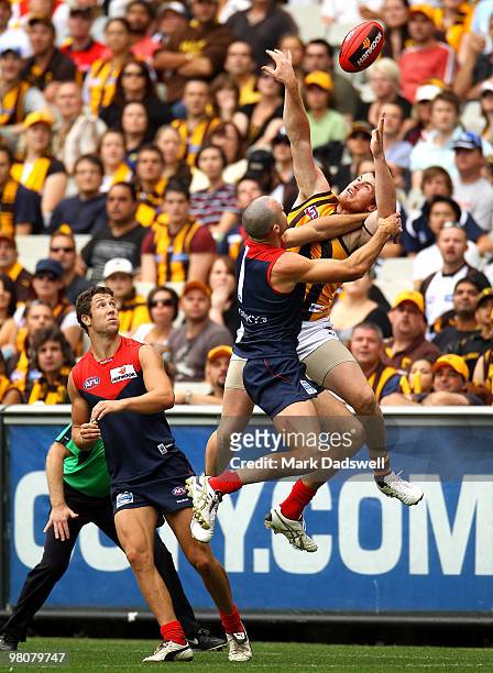 Jarryd Roughead of the Hawks flies for a mark during the round one AFL match between the Melbourne Demons and the Hawthorn Hawks at Melbourne Cricket...