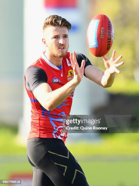Marcus Bontempelli of the Bulldogs marks during a Western Bulldogs AFL training session at Whitten Oval on June 22, 2018 in Melbourne, Australia.