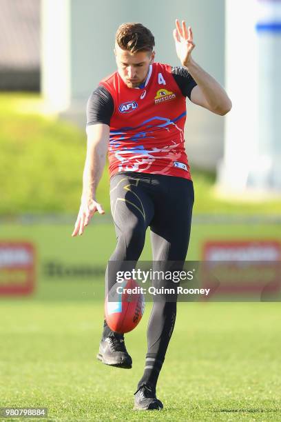 Marcus Bontempelli of the Bulldogs kicks during a Western Bulldogs AFL training session at Whitten Oval on June 22, 2018 in Melbourne, Australia.