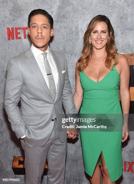 Theo Rossi and Meghan Rossi attend the "Luke Cage" Season 2 premiere at The Edison Ballroom on June 21, 2018 in New York City.