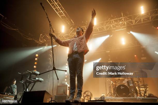 Matthew Murphy,Dan Haggis of the Wombats performing on stage at Seaclose Park on June 21, 2018 in Newport, Isle of Wight.