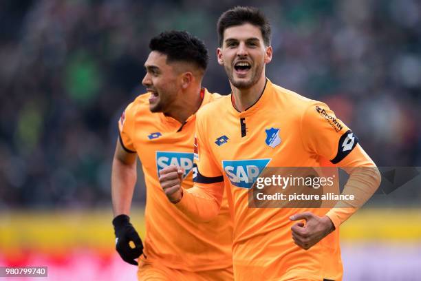 March 2018, Germany, Moenchengladbach: Football Bundesliga, Borussia Moenchengladbach vs 1899 Hoffenheim at the Borussia-Park. Hoffenheim goalscorer...