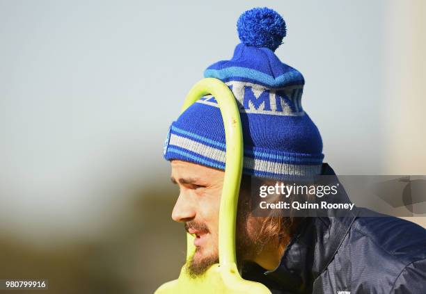 Tom Boyd of the Bulldogs looks on during a Western Bulldogs AFL training session at Whitten Oval on June 22, 2018 in Melbourne, Australia.