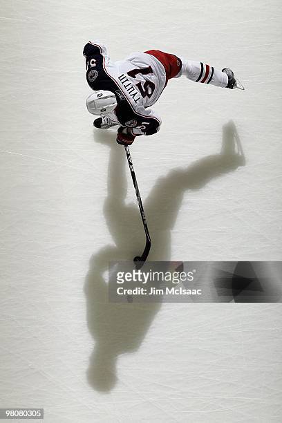 Fedor Tyutin of the Columbus Blue Jackets warms up before playing against the New Jersey Devils at the Prudential Center on March 23, 2010 in Newark,...