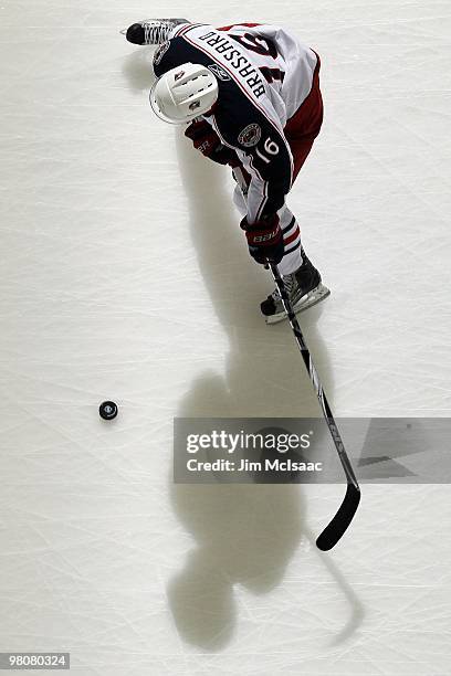 Derick Brassard of the Columbus Blue Jackets warms up before playing against the New Jersey Devils at the Prudential Center on March 23, 2010 in...