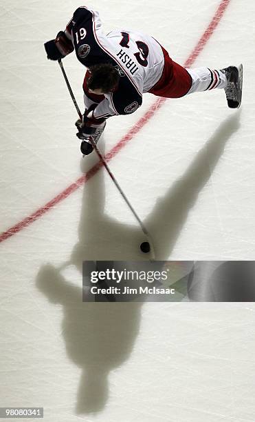 Rick Nash of the Columbus Blue Jackets warms up before playing against the New Jersey Devils at the Prudential Center on March 23, 2010 in Newark,...