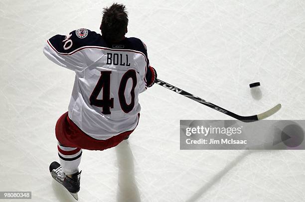 Jared Boll of the Columbus Blue Jackets warms up before playing against the New Jersey Devils at the Prudential Center on March 23, 2010 in Newark,...