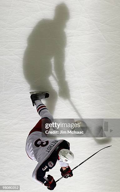 Marc Methot of the Columbus Blue Jackets warms up before playing against the New Jersey Devils at the Prudential Center on March 23, 2010 in Newark,...