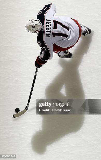 Andrew Murray of the Columbus Blue Jackets warms up before playing against the New Jersey Devils at the Prudential Center on March 23, 2010 in...