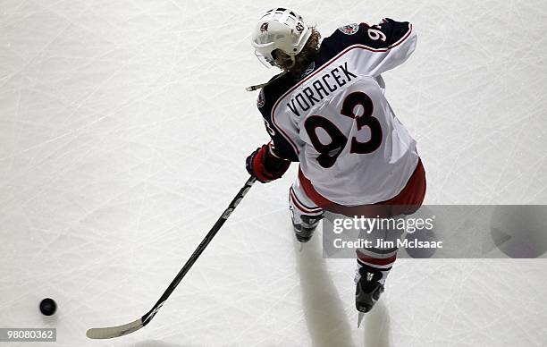 Jakub Voracek of the Columbus Blue Jackets warms up before playing against the New Jersey Devils at the Prudential Center on March 23, 2010 in...