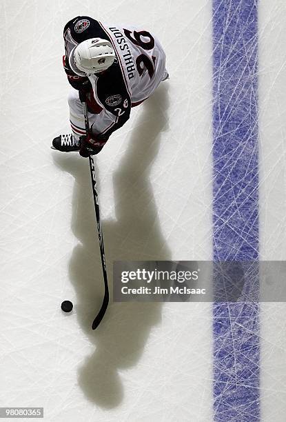 Samuel Pahlsson of the Columbus Blue Jackets warms up before playing against the New Jersey Devils at the Prudential Center on March 23, 2010 in...