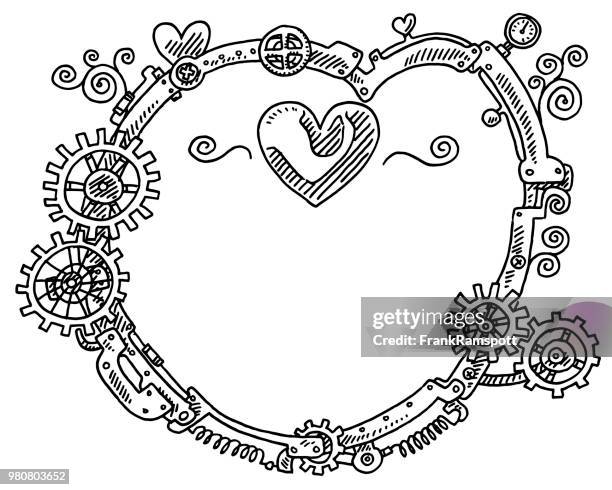 steampunk elements round frame heart shape drawing - frank ramspott stock illustrations
