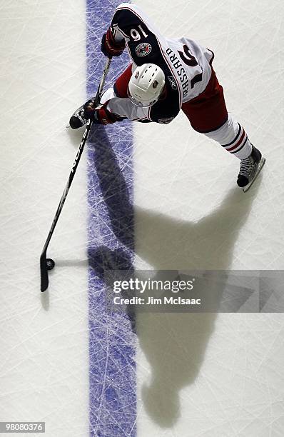 Derick Brassard of the Columbus Blue Jackets warms up before playing against the New Jersey Devils at the Prudential Center on March 23, 2010 in...