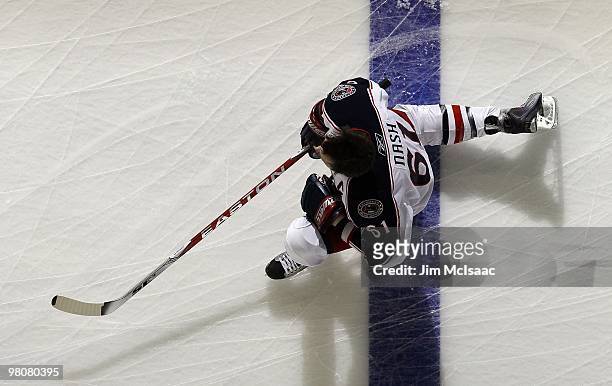 Rick Nash of the Columbus Blue Jackets warms up before playing against the New Jersey Devils at the Prudential Center on March 23, 2010 in Newark,...