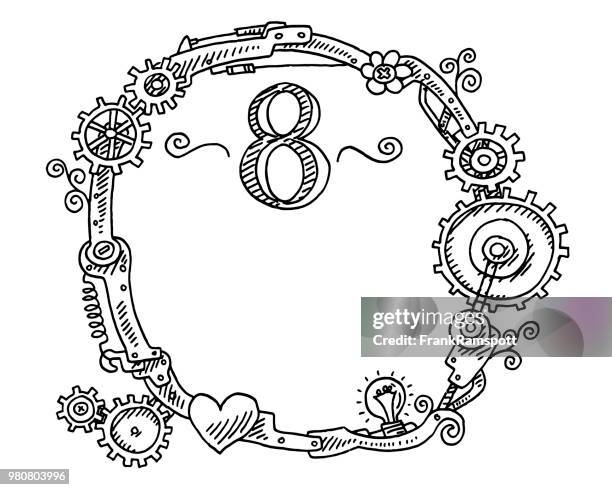 stockillustraties, clipart, cartoons en iconen met steampunk elementen ronde frame nummer 8 tekening - frankramspott