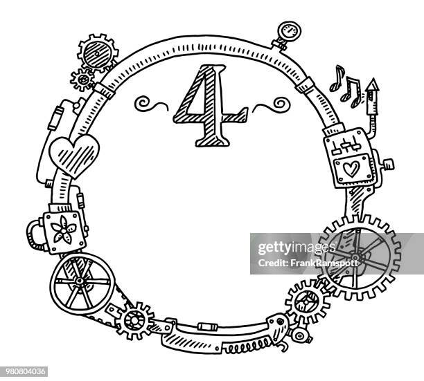 steampunk elements round frame number 4 drawing - frank ramspott stock illustrations