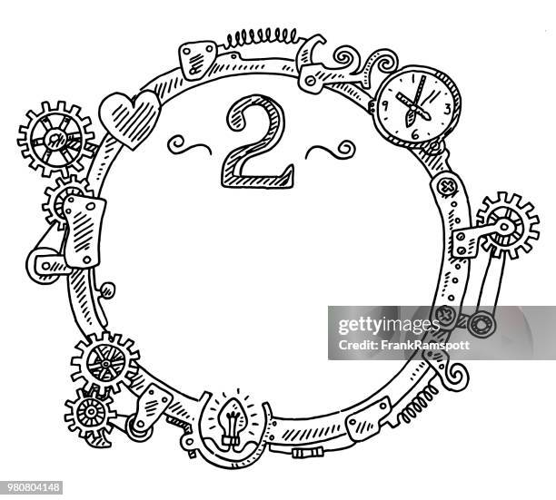 steampunk elements round frame number 2 drawing - frankramspott stock illustrations