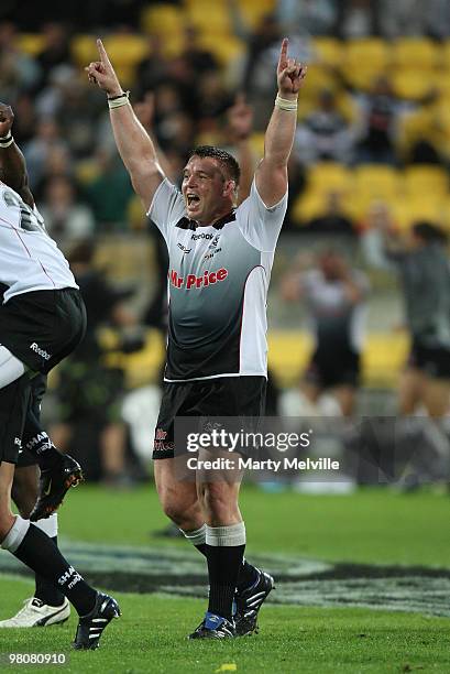 John Smit of the Sharks celebrates their win during the round seven Super 14 match between the Hurricanes and the Sharks at Westpac Stadium on March...