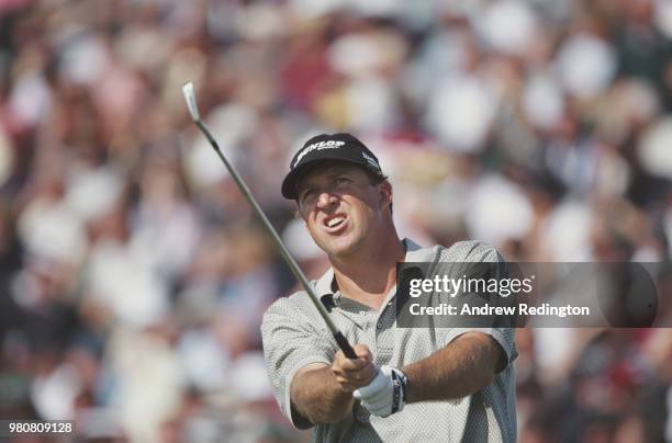 Steve Jones of the United States follows his shot during the 130th Open Championship on 20 July 2001 at the Royal Lytham & St Annes Golf Club in...