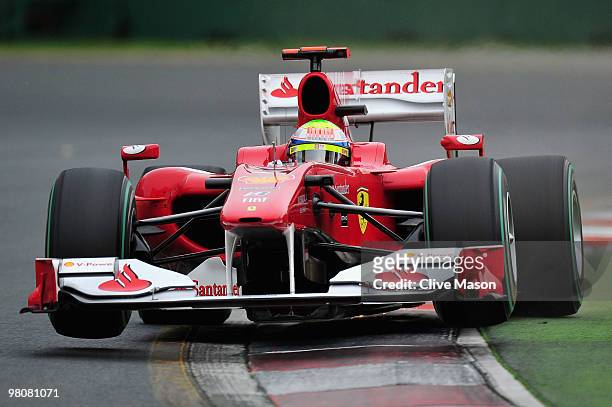 Felipe Massa of Brazil and Ferrari drives during qualifying for the Australian Formula One Grand Prix at the Albert Park Circuit on March 27, 2010 in...