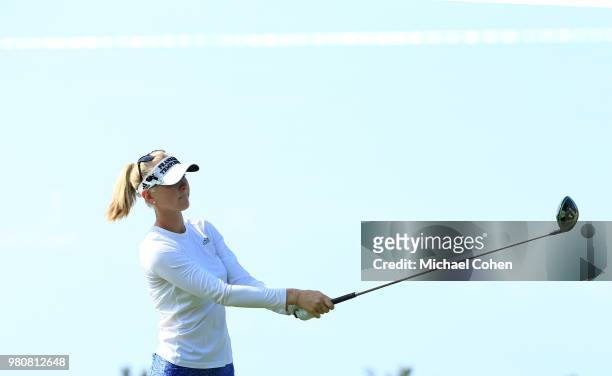 Jessica Korda hits a drive during the first round of the ShopRite LPGA Classic Presented by Acer on the Bay Course at Stockton Seaview Hotel and Golf...