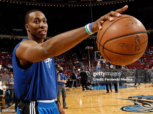 Dwight Howard of the Orlando Magic reacts before the game against the Minnesota Timberwolves on March 26, 2010 at Amway Arena in Orlando, Florida....