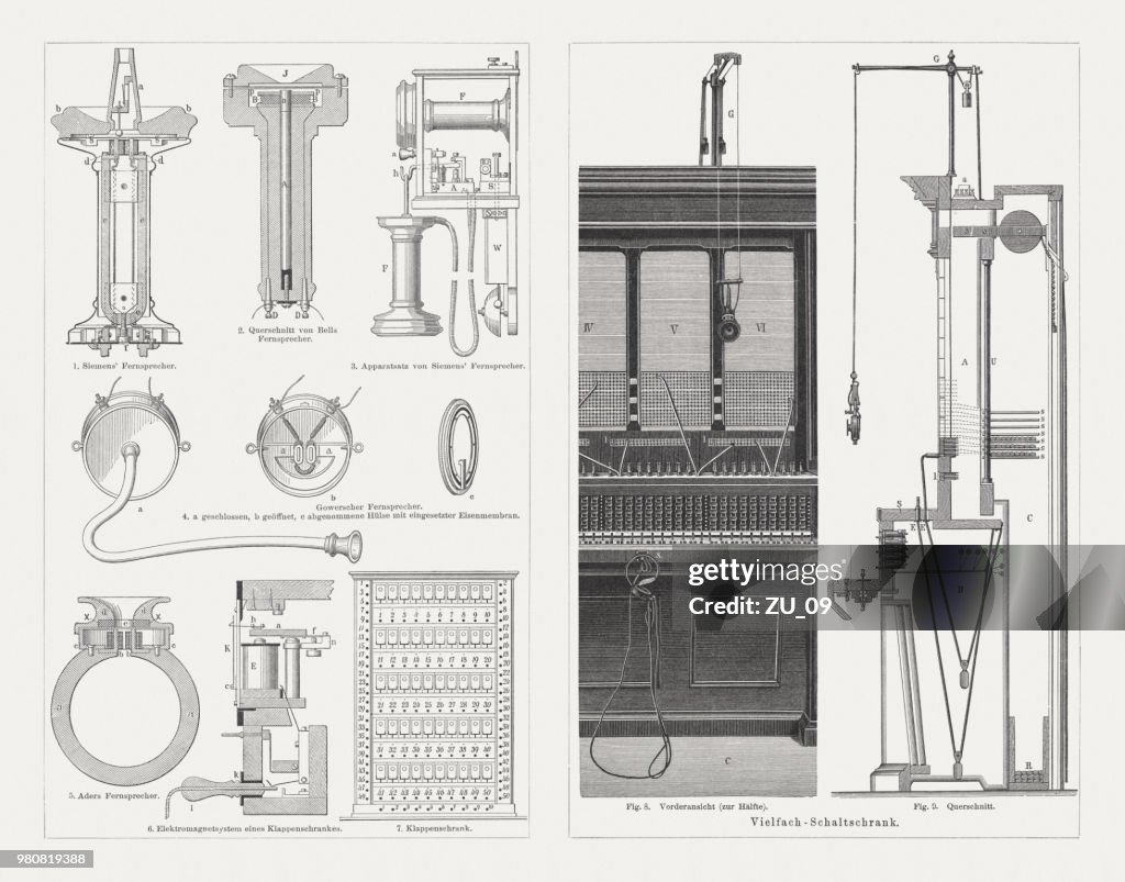 Telephone systems and distributor, wood engravings, published in 1897
