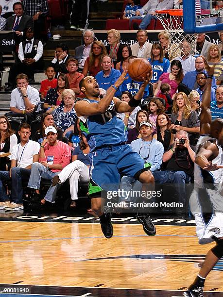 Wayne Ellington of the Minnesota Timberwolves takes the ball to the basket against the Orlando Magic during the game on March 26, 2010 at Amway Arena...