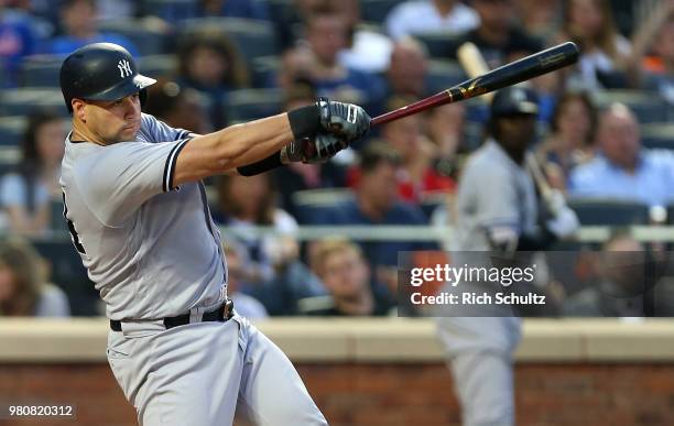 Gary Sanchez of the New York Yankees in action against the New York Mets during a game at Citi Field on June 8, 2018 in the Flushing neighborhood of...