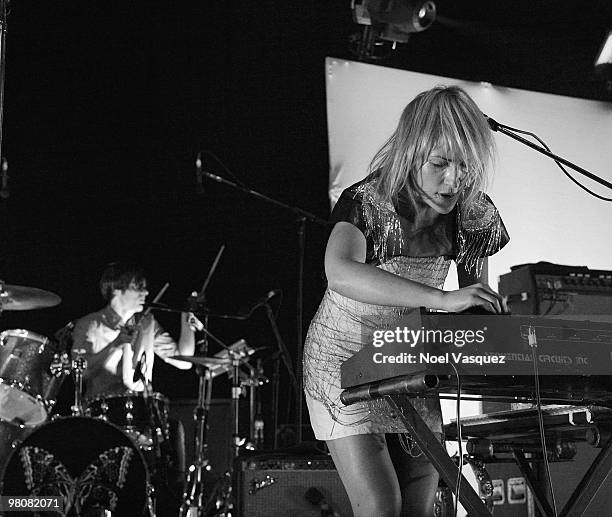 Emily Haines and Joules Scott-Key of Metric perform at The Hollywood Palladium on March 26, 2010 in Hollywood, California.