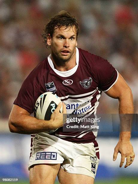 Josh Perry of the Sea Eagles runs with the ball during the round three NRL match between the Manly Warringah Sea Eagles and the Newcastle Knights at...