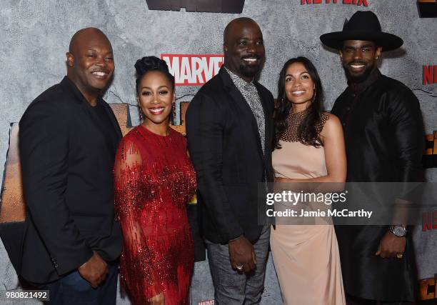 Cheo Hodari Coker, Simone Missick, Mike Colter, Rosario Dawson and Mustafa Shakir attend the "Luke Cage" Season 2 premiere at The Edison Ballroom on...